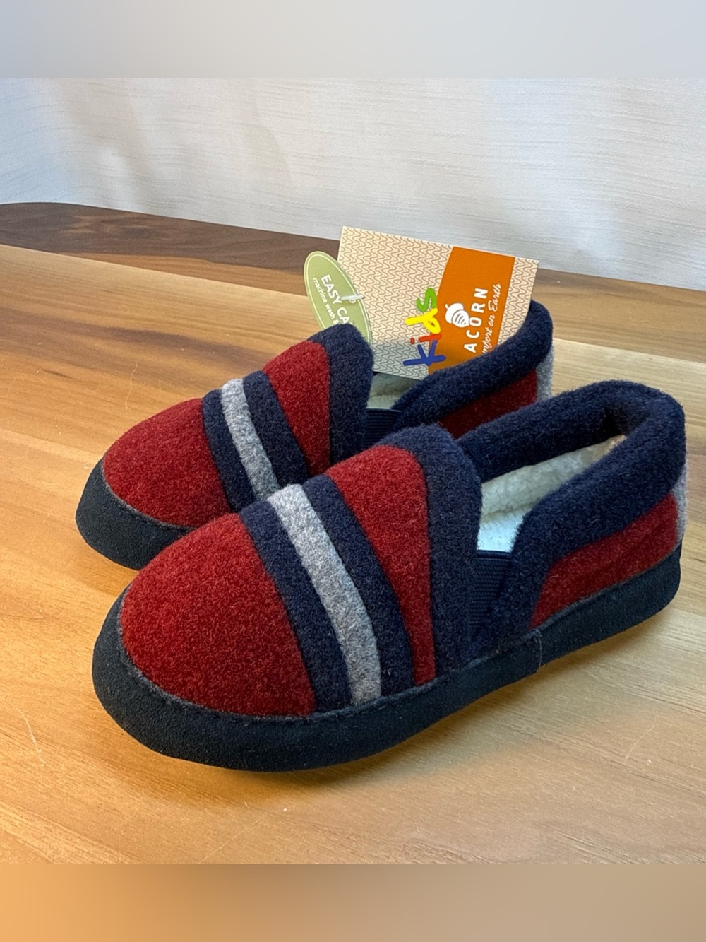 NWT Acorn Slippers Kids 11-12 Slip On Loafer Flats Blue & Burgundy Stripes